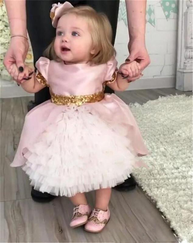 Beauty Pageant Gowns For Girls Pink Flower Girl Dresses Ball Gown Ruffles Tutu Communion Dresses Robe with Big Bow