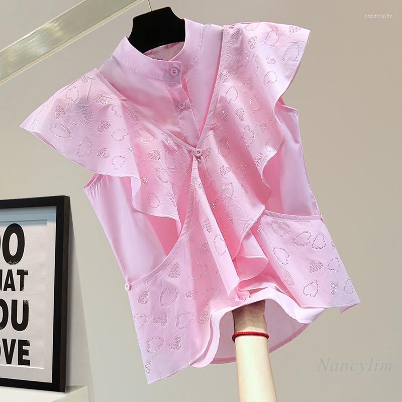 Women' Blouses & Shirts Summer Korean Style Blouse For Women Loose Pure Color All-Matching Sleeveless Blusas Shinny Love Rhinestone Ruffle, White
Women' Blouses & Shirts Summer Korean Style Blouse For Women Loose Pure Color All-Matching Sleeveless Blusas Shinny Love Rhinestone Ruffle, White