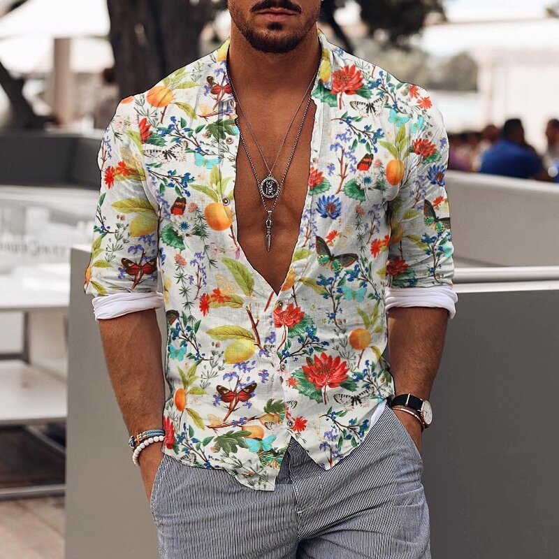 Vintage Floral Printed Casual Shirt Men Spring Summer Slim Long Sleeve Beach Shirts Fashion Mens Buttoned Lapel Tops Streetwear 220322