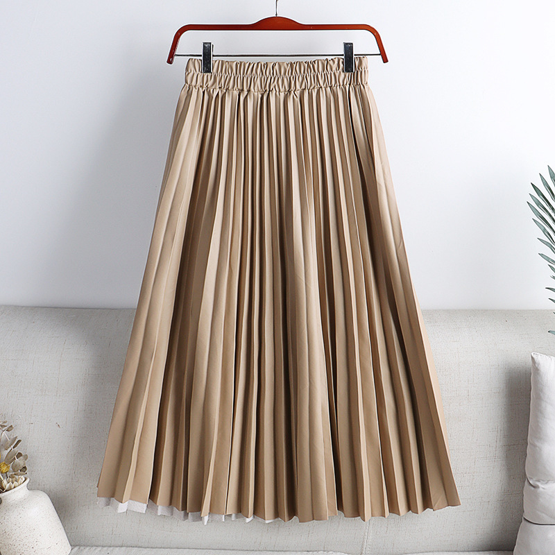 Autumn Winter Women Midi-Calf PU Leather Elastic Waist Pleated Skirts Office Ladies High A-Line Harajuku Skirt DS288 220322