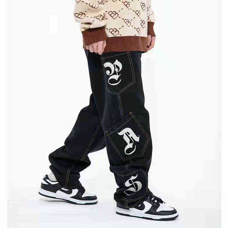 Embroidery Retro Letter Pockets Washed Black Jeans Pants Mens and Womens Ripped Straight Oversized Casual Denim Trousers T220803
Embroidery Retro Letter Pockets Washed Black Jeans Pants Mens and Womens Ripped Straight Oversized Casual Denim Trousers T220803