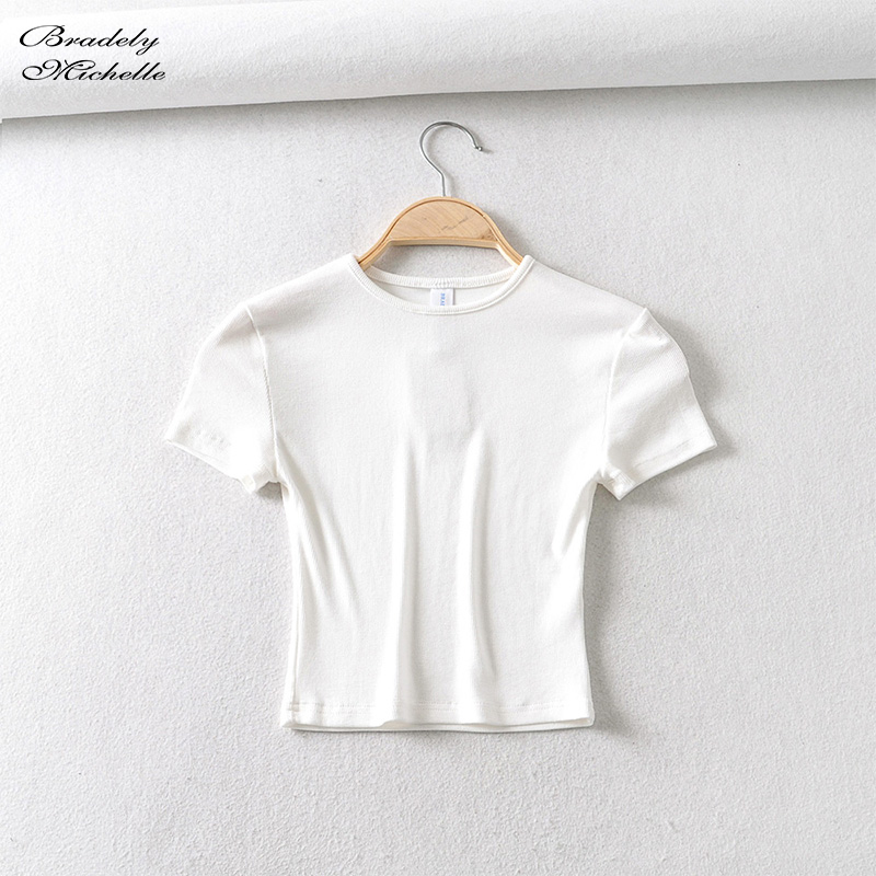 Bradely Michelle Fashion Casual Summer Woman Slim Fit t-shirt tight Cotton Short-Sleeve O-neck tee Crop Tops 220328