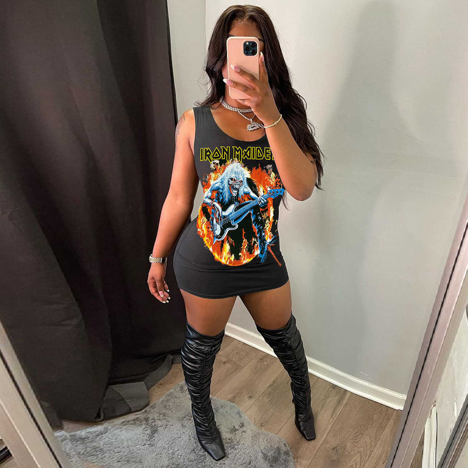 2022 summer women new fashion printing casual dresses for sexy vest black dress