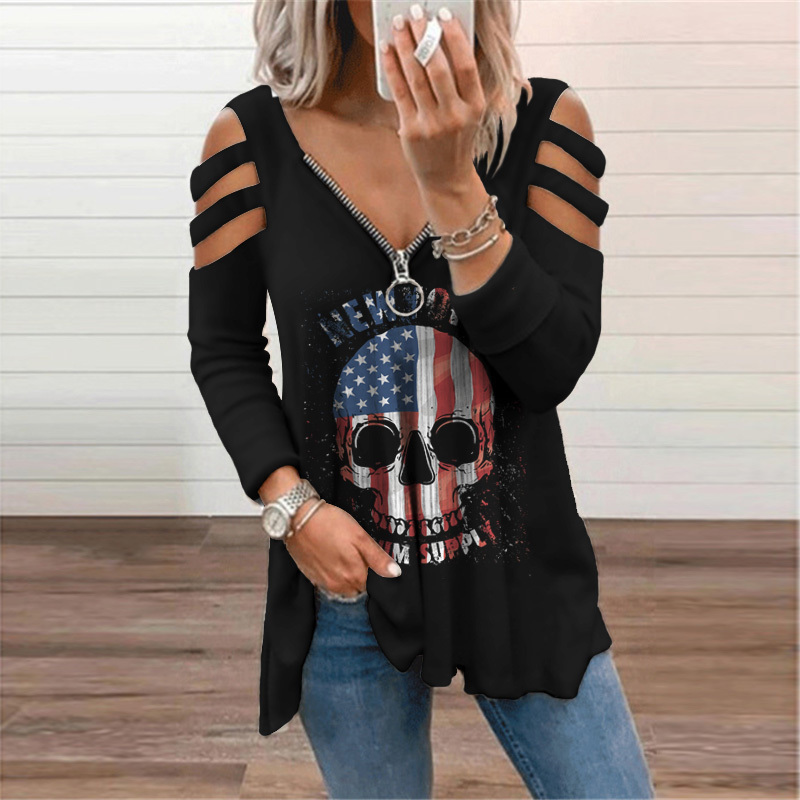 Fashion spaper Print T-Shirt Women's Clothing Autumn Street Casual Tee Shirt Ladie Zipper Vneck Tops Oversized Tunic 220321