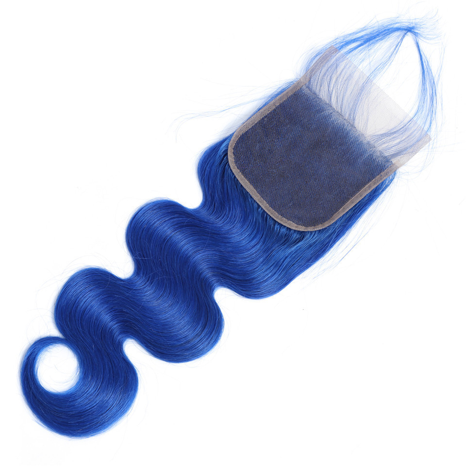 4x4 Transparent Lace Closure Only Colored Blue Human Hair Pre-plucked Brazilian Body Wave Remy Hair