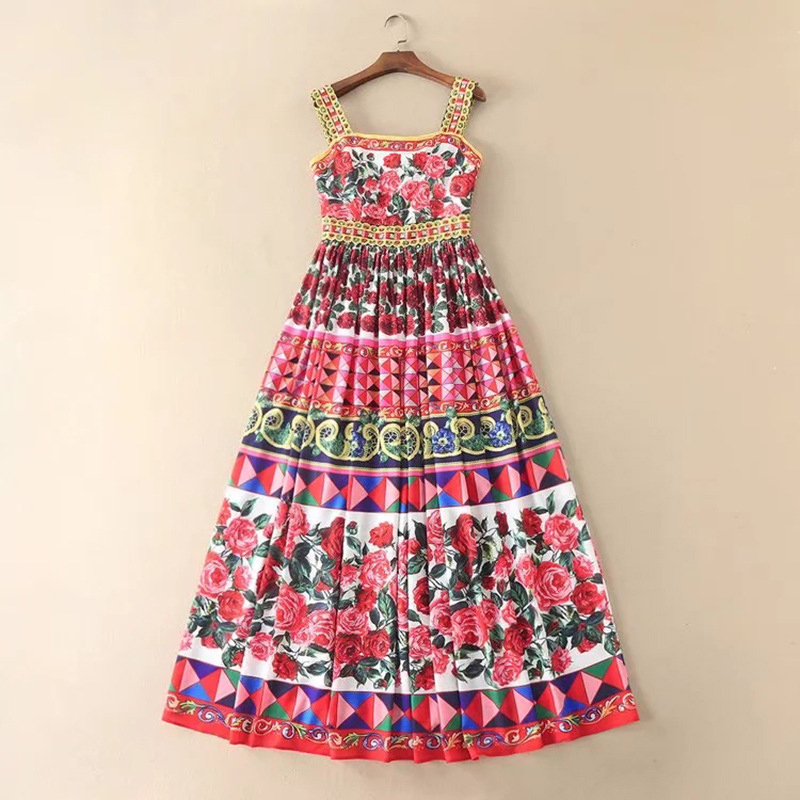 Women's Runway Dress Spaghetti Straps Printed Elegant High Street Fashion Maxi Summer Holiday Dresses Vestidos
