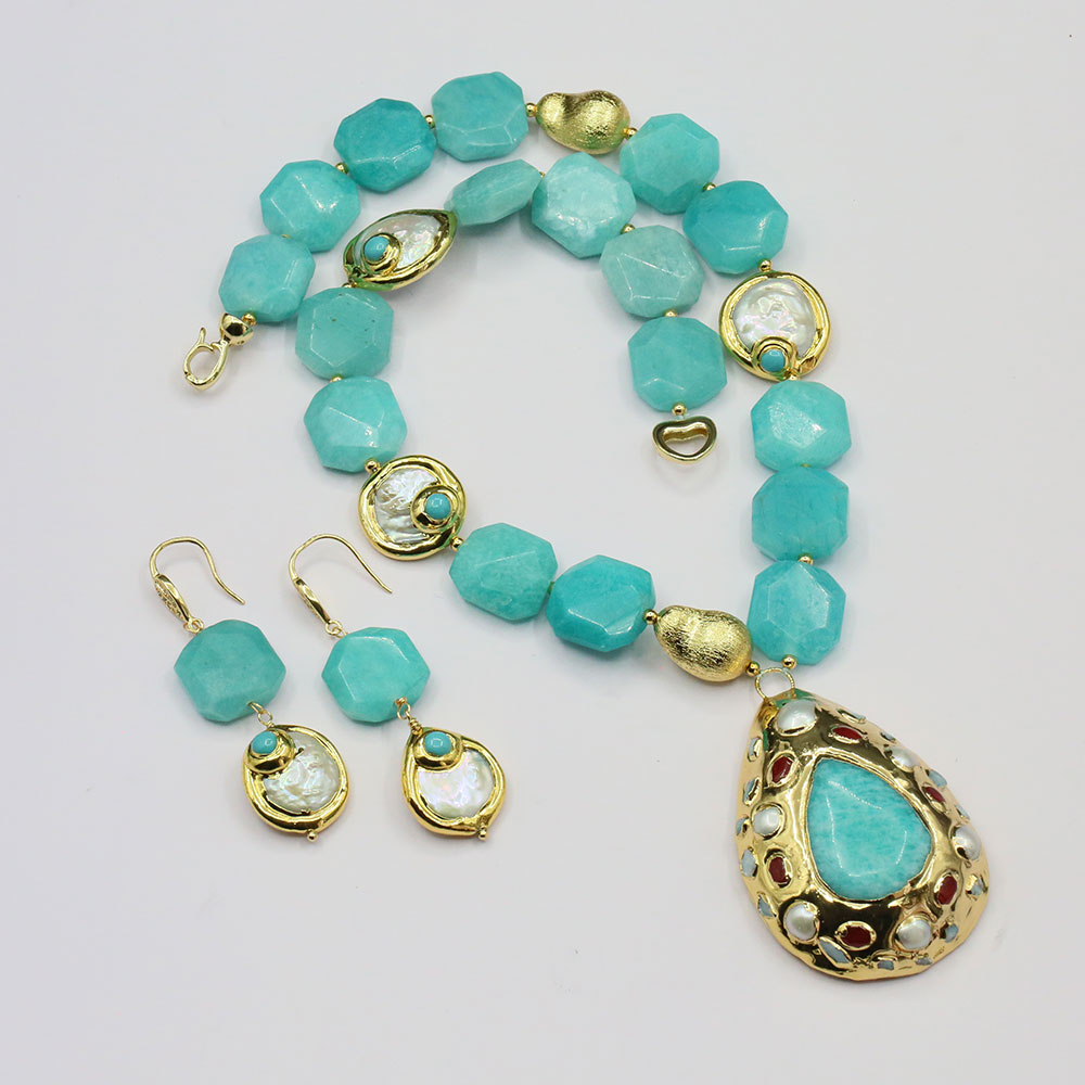 Natural Peruvian Amazonite White Coin Pearl Gold Color Beads Necklace Amazonite Jade Pendant Earrings Sets For Lady, Golden
Natural Peruvian Amazonite White Coin Pearl Gold Color Beads Necklace Amazonite Jade Pendant Earrings Sets For Lady, Golden