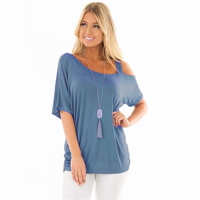 American Russian Cotton Offtheshoulder Summer Splice Slanting Collar Streets Sexy Fashion Short Sleeve Leisure Tshirt Woman T200614