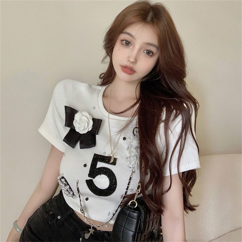 O Neck Short Sleeve Chain Pearl Three-dimensional Flower Tshirts Women Summer Loose Retro Graphic Aesthetic Harajuku Tees Top 220321