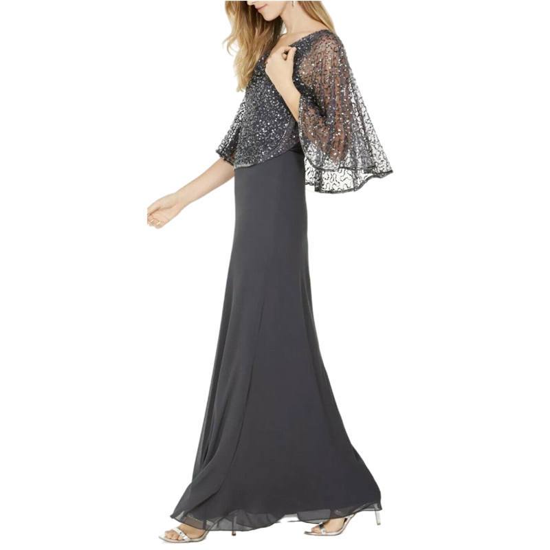 Elegant Gray Chiffon Mother Of The Bride Dresses With Short Cape Glitter Sequined Prom Evening Gowns Groom Mother's Wedding Party Dress Floor Len