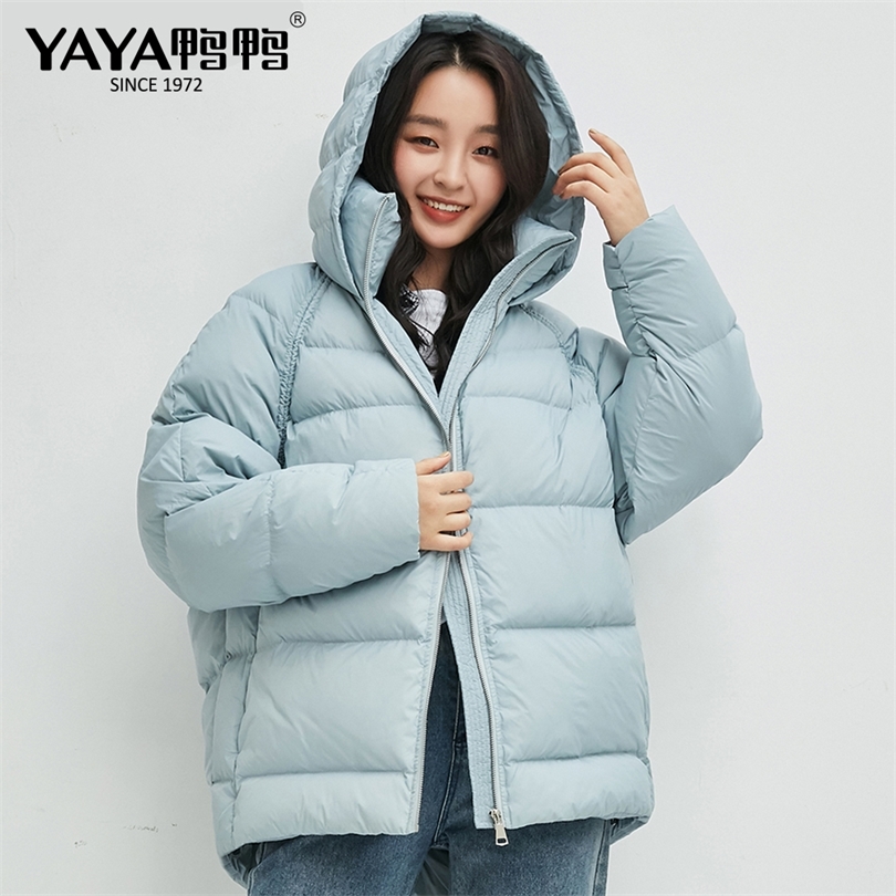 YAYA Womens Winter Down Coat New Plus Size Bright Fashion Bakery Loose short Parka Solid Color with Cap Coat Winter jacket 201019