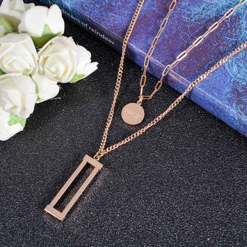 Fashion Rectangle Pendant Multilayered Chain Round Nice Charm Necklace