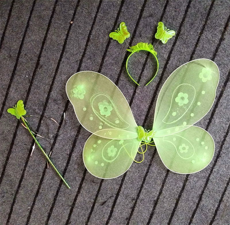 Girls Green Fairy Flower Tutu Dress Kids Fluffy 2Layer Tulle Tutus with Butterfly Wing Headband Set Children Cosplay Party 220422
