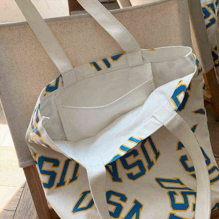 Summer Women Bag Single Shoulder Letter Printing Portable Student Large Capacity Leisure Canvas Shopping Bag 220516