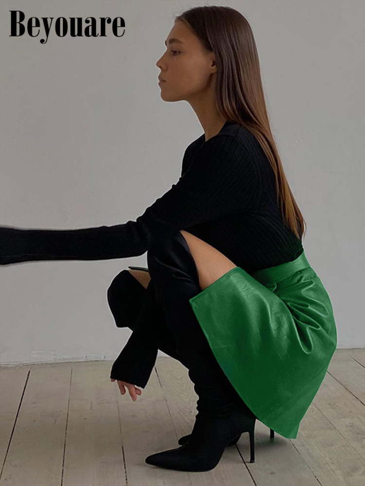 Beyouare Faux Leather Pattern A-Line Skirt Women Fashion Elegant Solid Green High Waist Split Mini Skirts Autumn 220317
