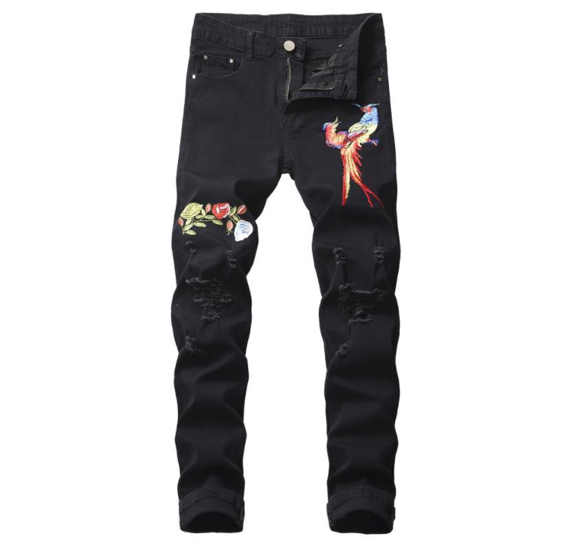 

Men's Jeans Men's Phoenix Embroidery Slim Ripped Fashion Black Distressed Flower Patch High Stretch Cotton Denim Pants Size 40 42Men's