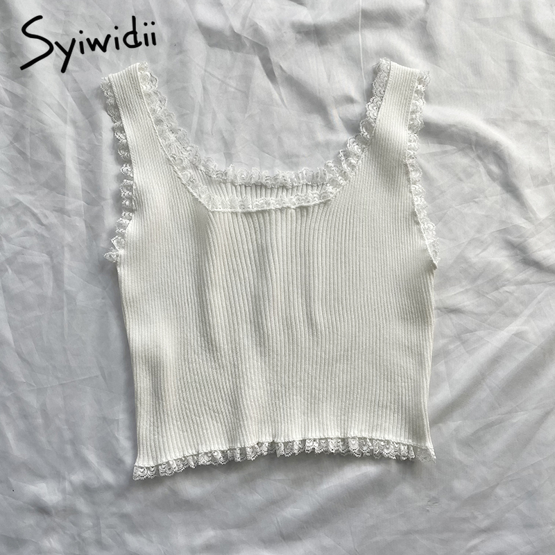 Syiwidii Lace Black Tank Tops for Women Clothes Crop Top T Shirt Cute Sexy White Bustier Short Solid Spandex Stretch Knitted 220316