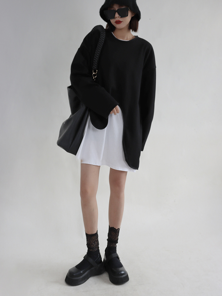 Women's Hoodies Sweatshirts EAM Loose Fit black irregular Sweatshirt Round Neck Long Sleeve Women Big Size Fashion Spring Autumn 2023 1DF0420 230