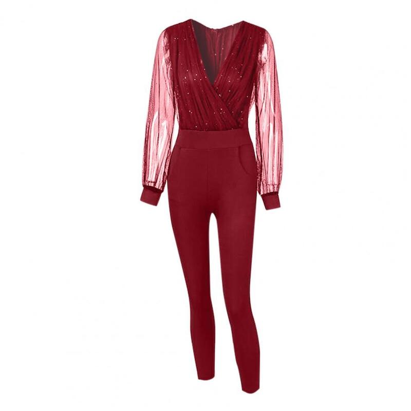 Deep V Neck Mesh Long Sleeve Jumpsuit Overall Women Jumpsuit Black Elegant Sequins Glitter Party Night Sexy Bodysuits 220811