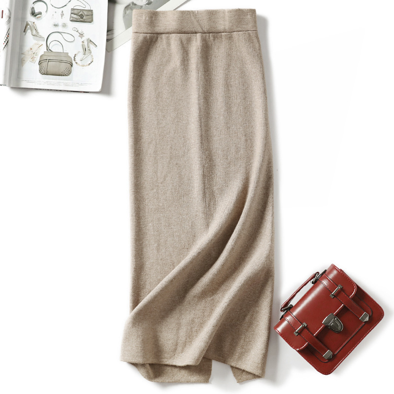 HLBCBG knee-length autumn winter women mink cashmere pencil skirt female thick midi sweater sexy split back bodycon 220317