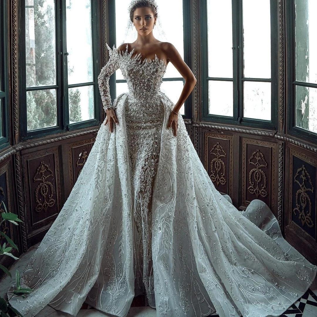 More Pearls One Shoulder Mermaid Wedding Dresses Luxurious Lace Appliques Bridal Gown Custom Made With Detachable Train Robes De Mariee, Red
More Pearls One Shoulder Mermaid Wedding Dresses Luxurious Lace Appliques Bridal Gown Custom Made With Detachable Train Robes De Mariee, Red