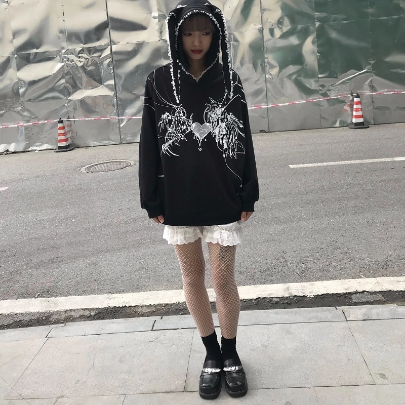 Y2k Harajuku Sweatshirts Gothic Grunge Mechanical Rabbit Ears Hooded Black Hoodie Women Autumn Punk Hoodies Fashion Streetwear 220816