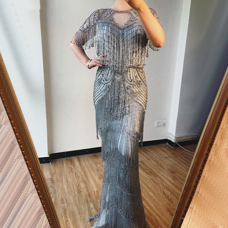 Luxury Arabic Aso Ebi Mermaid Evening Pageant Dresses Sparkly Beaded Crystal Tassel Dubai Silver Prom Party Engagement Gowns Yousef Aljasmi