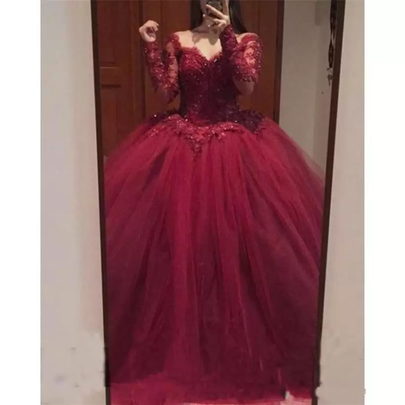 Quinceanera Dresses Tulle Bury With Lace Applique Crystals Beaded Long Sleeves Formal Pageant Prom Gown Sweet Ballgown Floor Length Custom Made Vestid