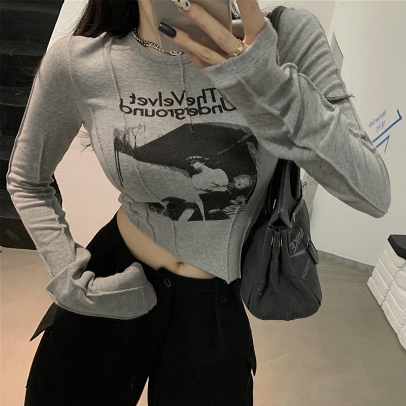 Karrram Casual Slim T-shirt For Women O Neck Long Sleeve Sexy Crop Top Grunge Letters Print Female Korean Fashion Clothing 220321