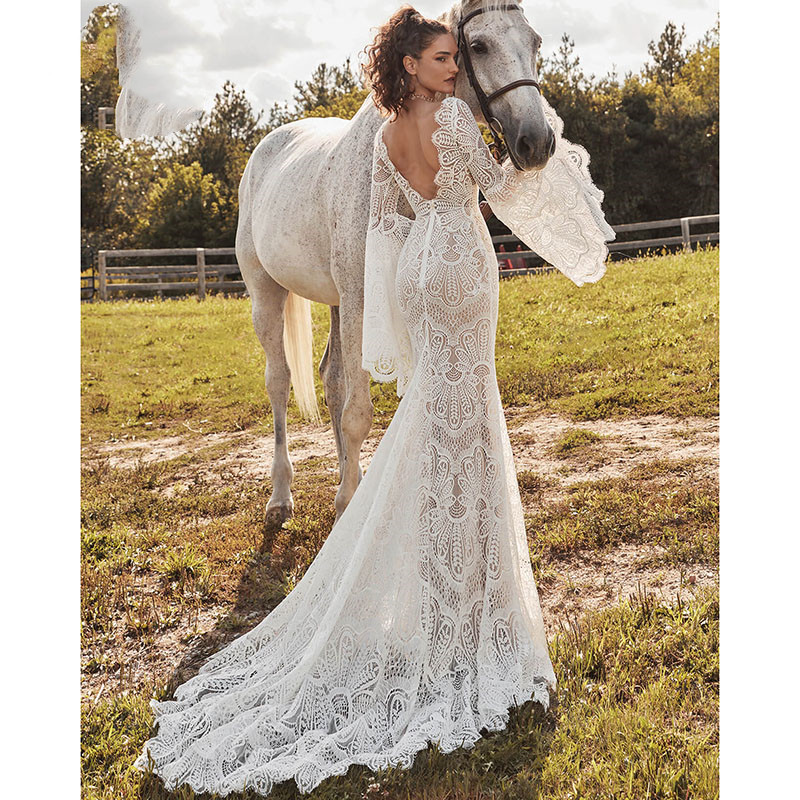Vestido Boheme Mermaid Boho Wedding Dress Long Flare Sleeve Backless V Neck Lace beach country Bridal Gown Vestido de Noiva