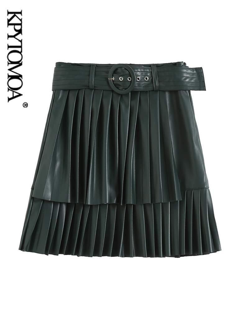 KPYTOMOA Women Fashion With Belt Faux Leather Pleated Mini Skirt VIntage High Waist Side Zipper Female Skirts Mujer 220322