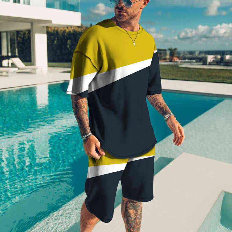 Summer Men Sets Tshirt Outfits Beach Shorts Male Tracksuit Set Men's Fashion Stitching Color 2 Pieces Tops And Breathable Y220506