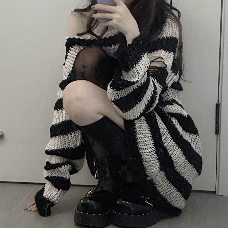 Karrcat Punk Gothic Long Sweater Women Dark Aesthetic Striped Pullovers Hollow Out Oversized Grunge Jumpers Emo Alt Clothes Y2k 220817