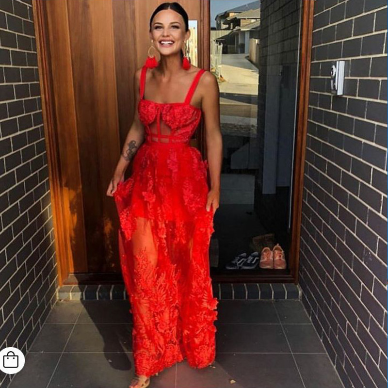 Celebrity High Quality Red White Black Lace Sleeveless Hollow Out Long Rayon Bandage Dress Evening Party Elegant Dress 210315