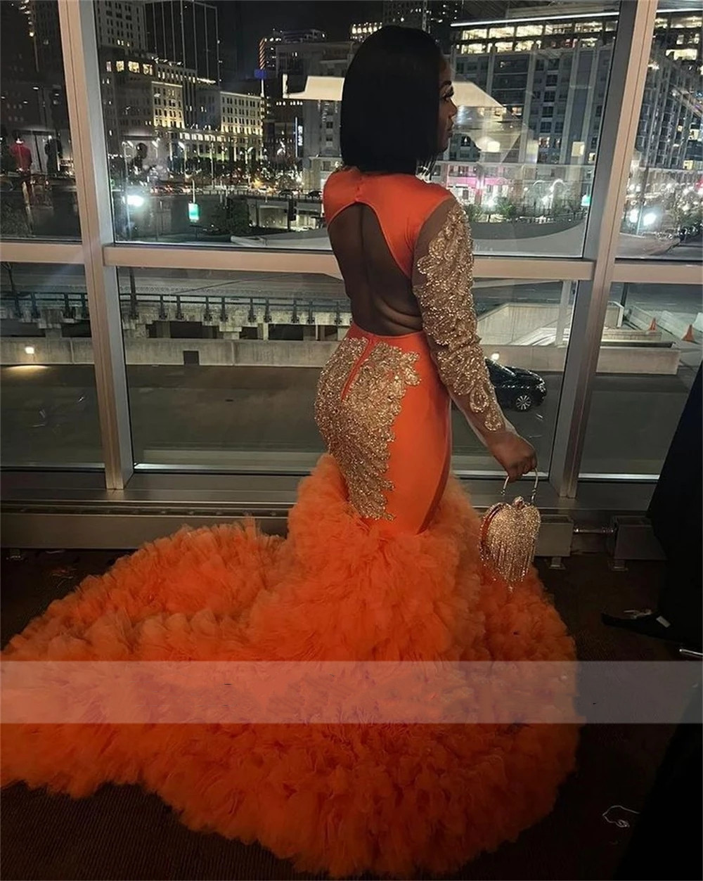 Aso Ebi Style Orange Mermaid African Prom Dresses For Black Girls Golden Beading Rhie Ruffles Party Dress Robe De Bal 6660306