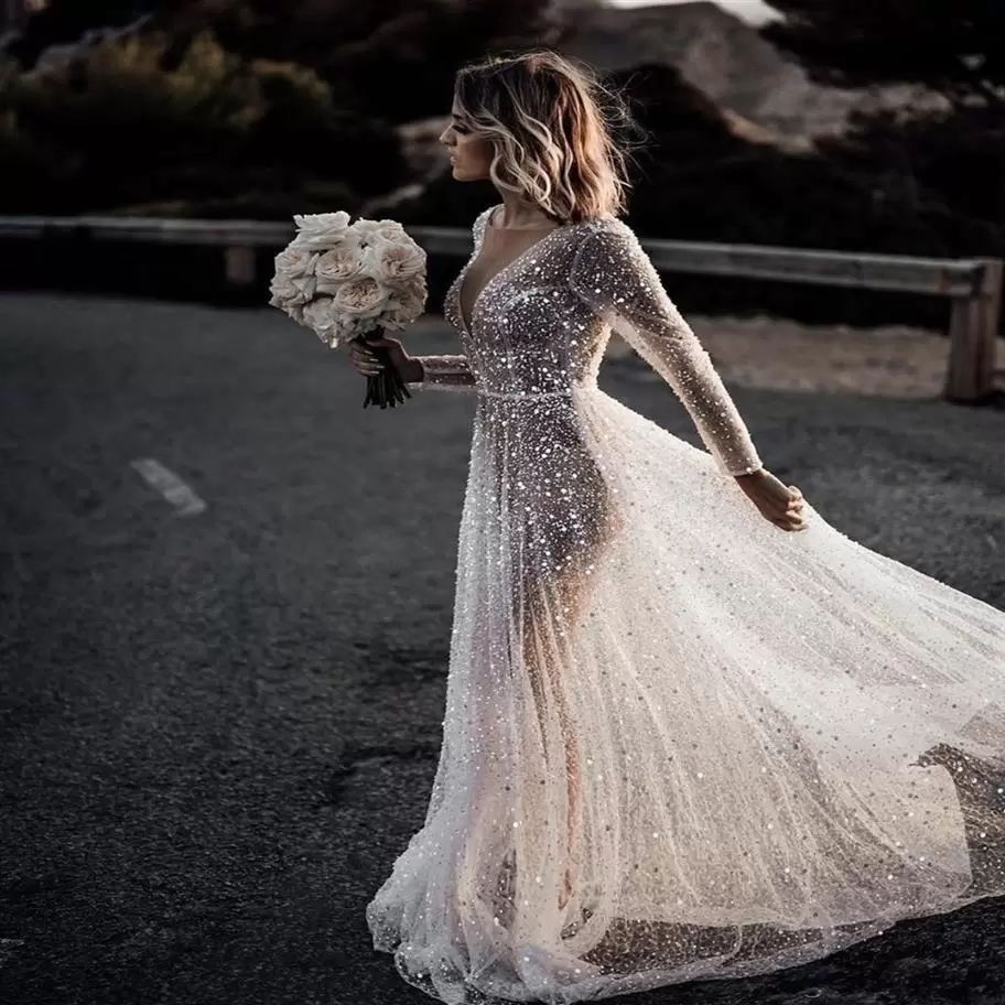 Sparkly Glitter A-e Dresses Sexy V Neck Long Sleeve Lace Sequins or Length Train Illusion Tulle Boho Wedding Gowns Plus Size Pearls Backless