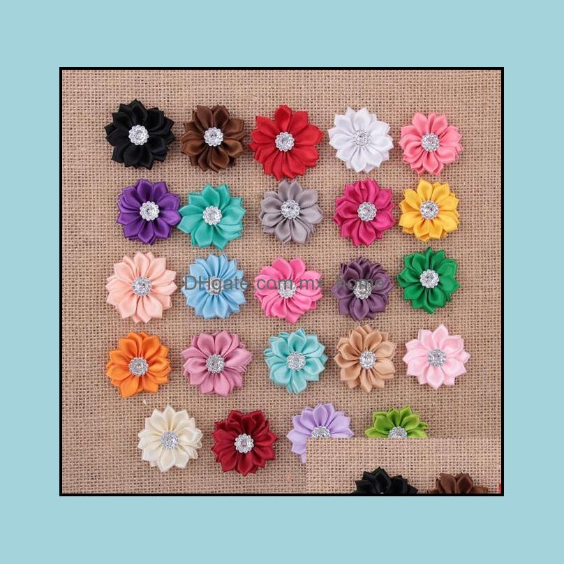 

3.5Cm Mini Satin Fabric Flower For Headbands Diy Ribbon Polygonal Flowers Rhinestone In Center Baby Girl Hair Accessory Yh400 Drop Delivery, Colors