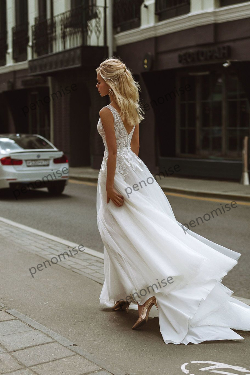 Elegant Boho Wedding Dresses V Neck Lace Beach Bridal Gowns Floor Length Open Back vestido de novia