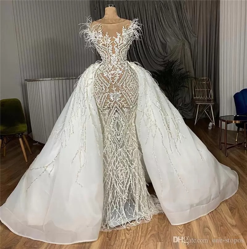 New Arrival Bridal Gown Crystal Beaded Mermaid Wedding Dresses With Detachable Train Appliqued Feathers Saudi Arabic Dubai Luxury