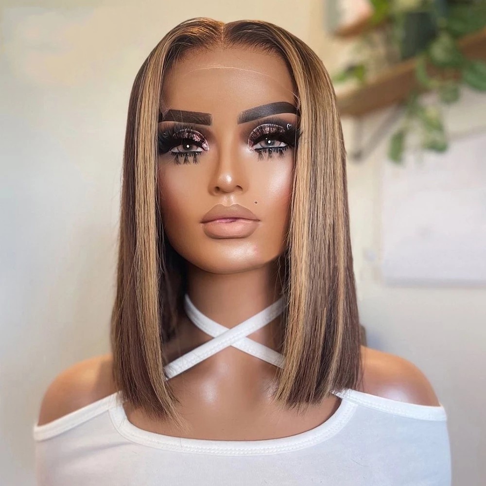 Highlight Short Bob Human Hair Wig Brazilian Straight Lace Frontal Wig For Women Ombre Brown Synthetic Closure Wigs