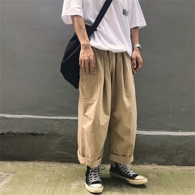 Men Casual Straight Japanese Cargo Pants Mens Loose Collage Wide Leg Pants Male Streetwear Trousers Buttoms 201128
