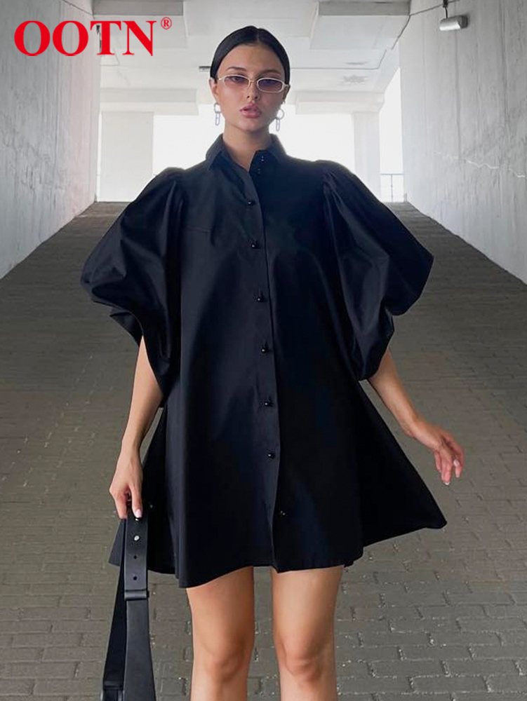 OOTN Oversized Chic Party Shirt Dress Women Petal Sleeve A-Line Lapel Pure Cotton Summer Mini Dress Loose Office Elegant Dress 220511