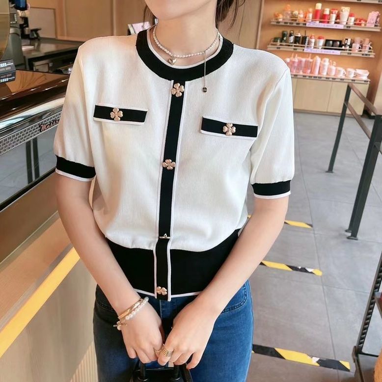 New design womens short sleeve o-neck color block flower buttons patched knits tees plus size SMLXL