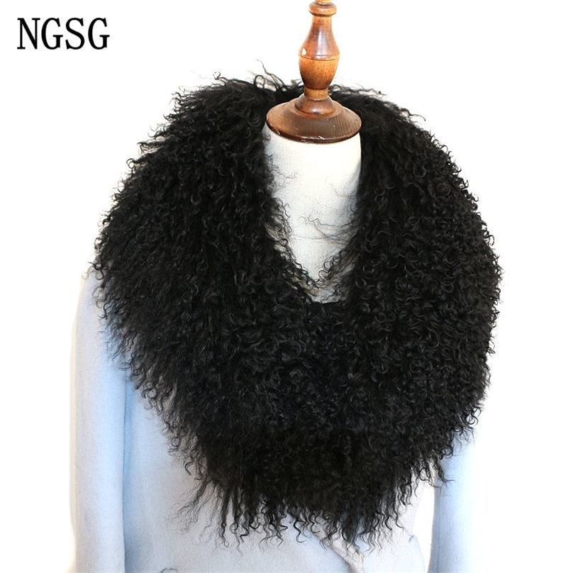 NGSG Women Real Fur Collar Solid Black Natural Genuine Mongolian Sheep Wool Scarf Coat Winter Customize Multicolors Y201007