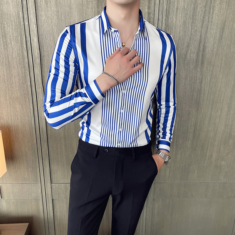 Autumn Long Sleeve Casual Shirts Fashion Striped Flower Male Business Formal Dress Slim Streetwear Blouse 220322