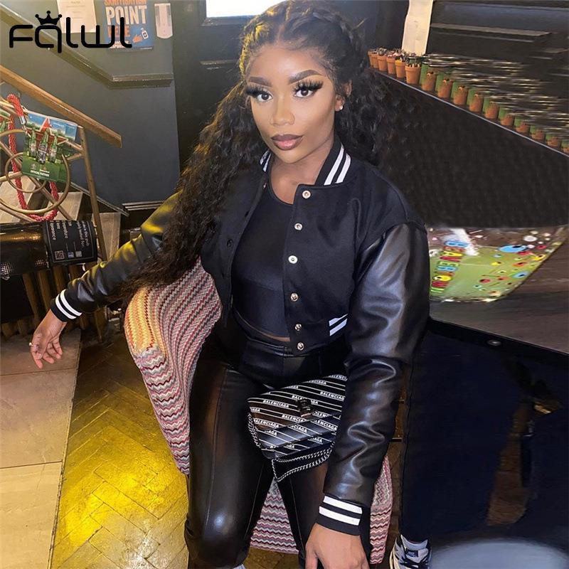 FQLWL Fall Winter Print Patchwork Yellow Jackets For Women Long Sleeve Varsity Jacket Buttons Loose Baseball Jacket Women 220722