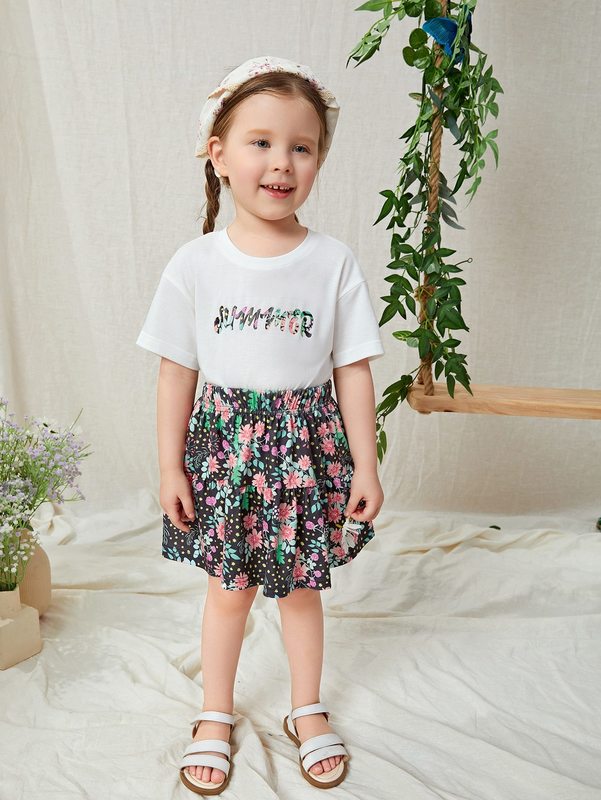 Toddler Girls Letter Graphic Tee & Floral Skirt Set SHE