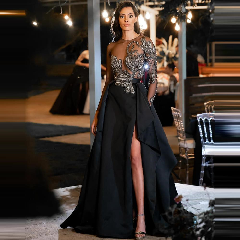 A-line Black Elegant Prom Dresses V Neck Sexy Long Sleeves Hollow Sequins Appliques Lace High Side Slit Lace Plus Size Formal Party Gowns Custom Made