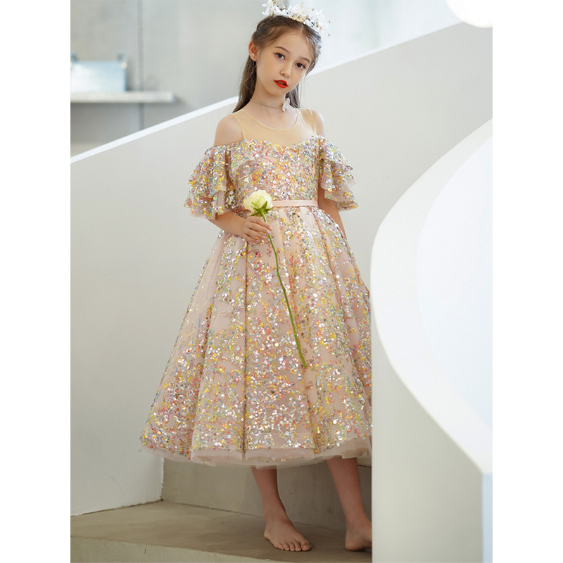 2023 Flower Girls Dresses Sheer Neck Long Sequined Hand Made Flowers Kids Formal Birthday Party Wear Lace Satin Girl Dress for Wedding