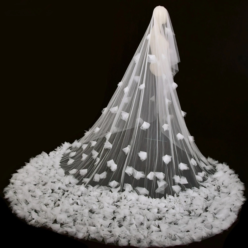 Wedding Veil Blusher Soft Tulle Veils 2 tier Cathedral Length Bride 3M 5M Flowers Veil with comb Bridal Veu de